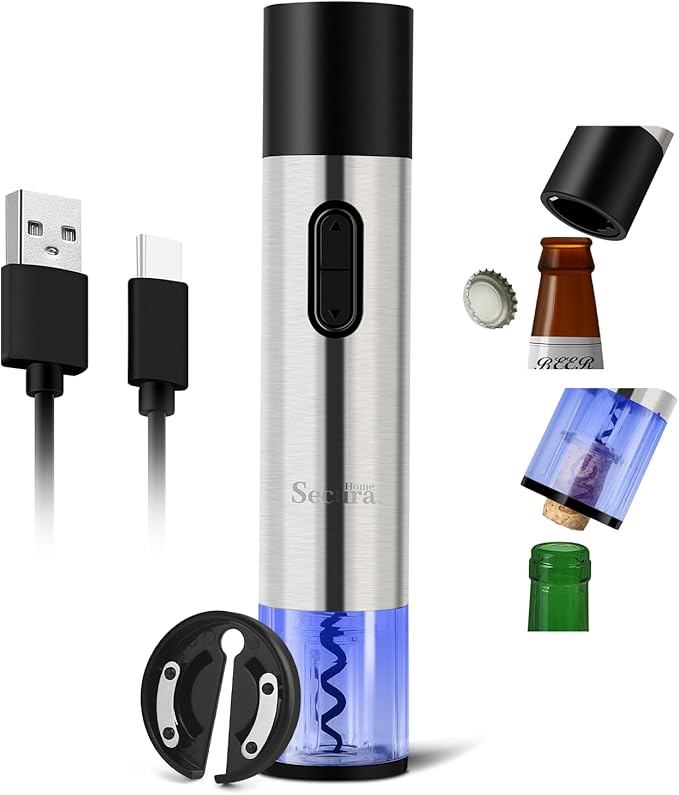 Secura Home Electric Wine Bottle Opener and Beer Opener 2-in-1, Rechargeable Automatic Corkscrew with Foil Cutter, One-click Wine Opener Electric for Home Kitchen Party Wedding
