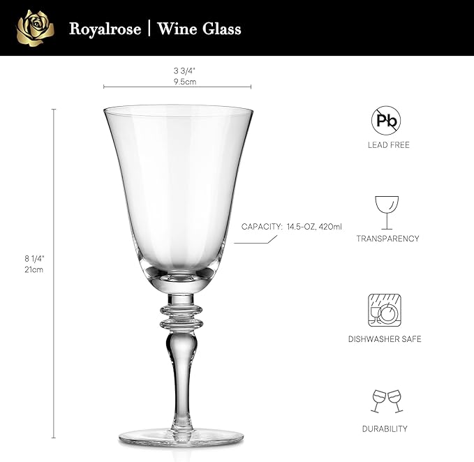 Royalrose Premium Delight 14.2 oz Vintage Red Wine Glasses Set of 4, Goblets Glasses for Wine, Cocktails, Sparkling Water, Elegant Drinkware for Entertaining or Daily Use (Vintage Wine Glasses)