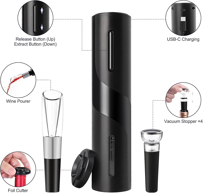Electric Wine Opener Set by ELMWAY - Rechargeable Wine Bottle Opener & Corkscrew with Foil Cutter / 4 x Vacuum Stoppers/Premium Wine Aerator Pourer, Ideal Wine Gifts for Wine Lovers - Black
