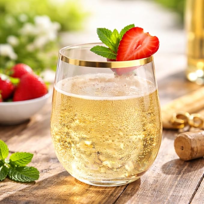 Oojami 48 piece Stemless Unbreakable Crystal Clear Plastic Wine Glasses Set of 48 Small (10 Ounce - Gold Rim)