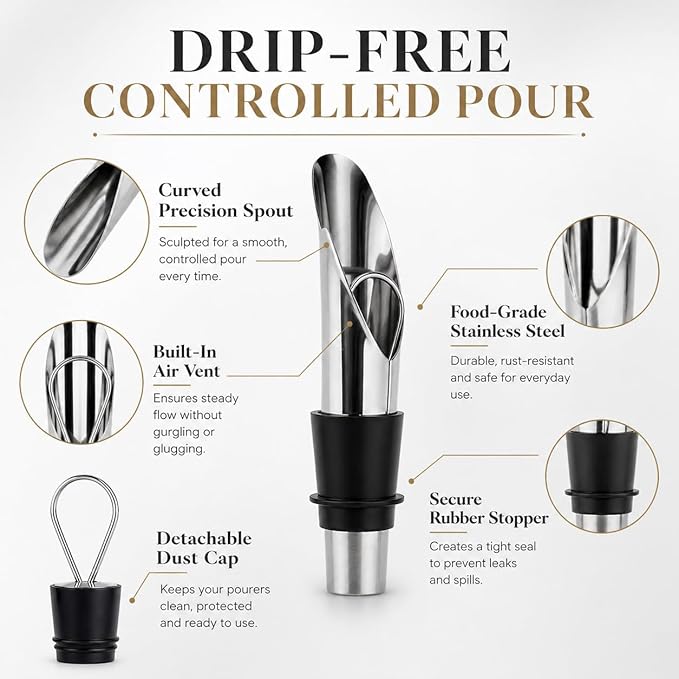 Stainless Steel Wine Aerator and Pourer Set, 5-Piece 2-in-1 Wine Spout with Silicone Bottle Stopper, Premium Silver Wine Accessories for Home Bar, Elegant Gift Box, No-Drip Pouring & Enhanced Flavor