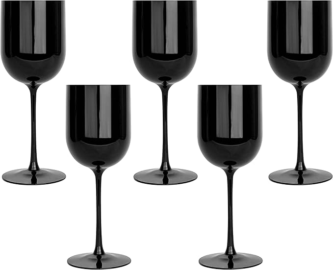 PLASTICPRO Black Plastic Wine Glasses Set of 5 Elegant Wine Goblets Hard Plastic Wine Cups on Stem 12 Ounce