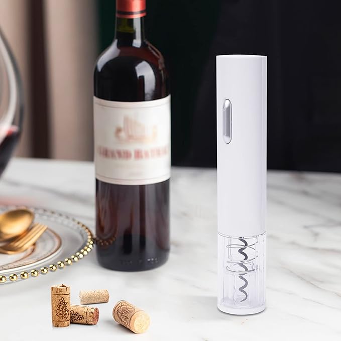 Electric Wine Opener, Automatic Corkscrew Opener with Foil Cutter, Battery Operated, One-Touch Operation, Space-Saving Design, White