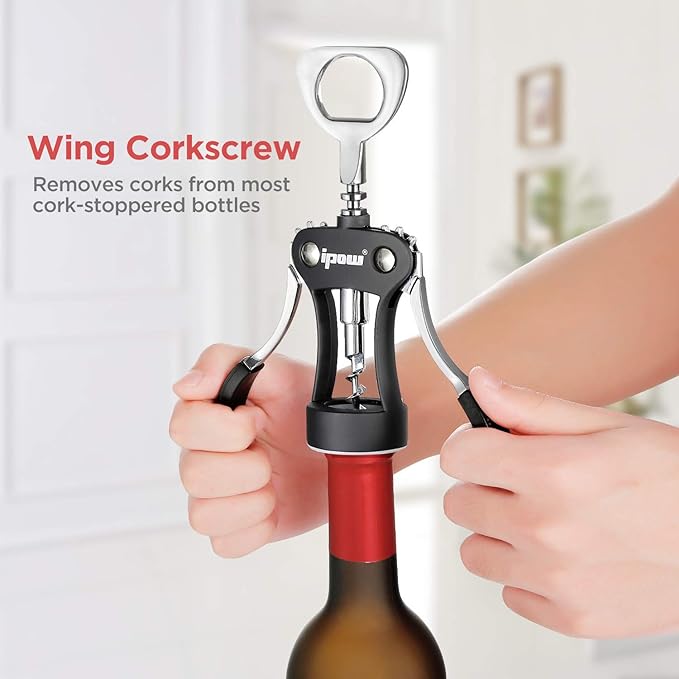 IPOW Wine Opener, Zinc Alloy Wine Bottle Opener, Wing Corkscrew Heavy Duty, Manual Multifunctional Cork Screw for Waiter, Black