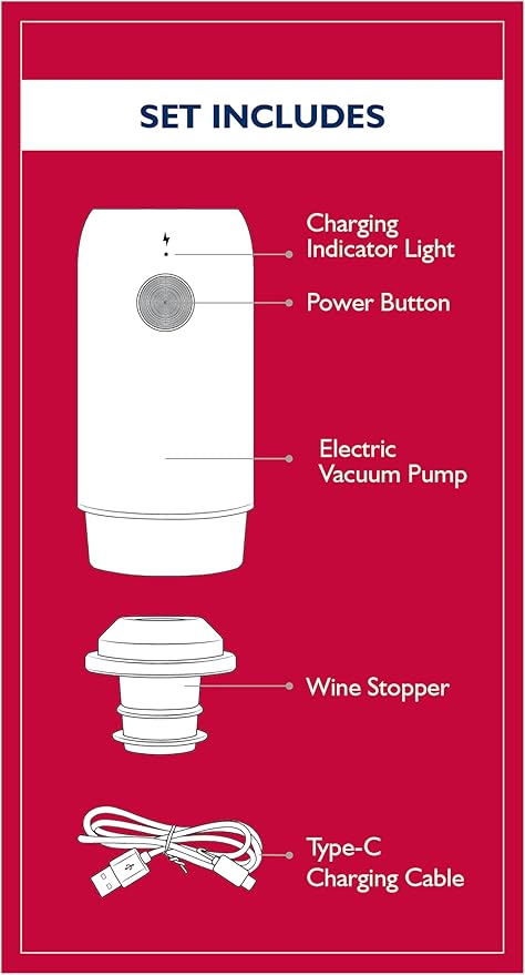 HIC Kitchen Bar Electric Wine Preserver and Stopper Set, Includes Vacuum Pump, Reusable Bottle Stopper, and USB-C Charging Cord