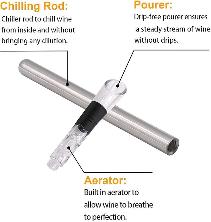 DERNORD Wine Chiller 3-in-1 Stainless Steel Wine Bottle Cooler Stick Freezer with Aerator and Pourer for Chilling Longer, Pouring and Aerating Wine for Christmas and Birthday Gifts