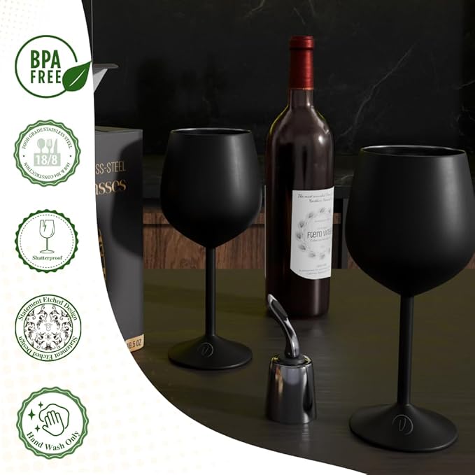 Mother’s Day Gift for Mom – Set of 2 Black Stainless Steel Wine Glasses, 17oz Engraved Goblets with Bottle Stopper, Unbreakable Elegant Wine Cups, Gift for Women, Wife, Mom, Sister