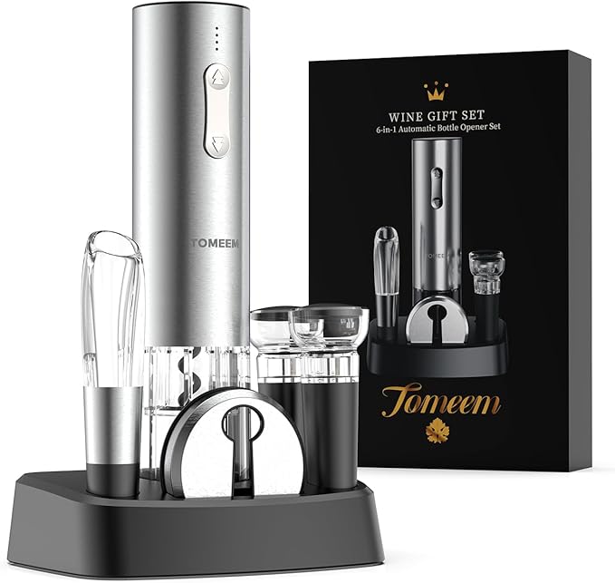 Rechargeable Electric Wine Gift Set - Aerator, Vacuum Stoppers, Foil Cutter and Bottle Opener for Home Bar and Outdoor Parties (Silver, Wine Opener Set)