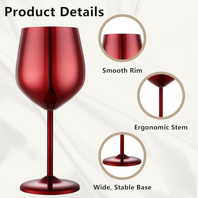 Stainless Steel Wine Glasses Set of 4 Unbreakable Wine Glass 18 oz Unique Metal Wine Goblets for Outdoor, Travel, Camping, Pool, Ideal Gift for Wine Lovers (Mirror-Red)