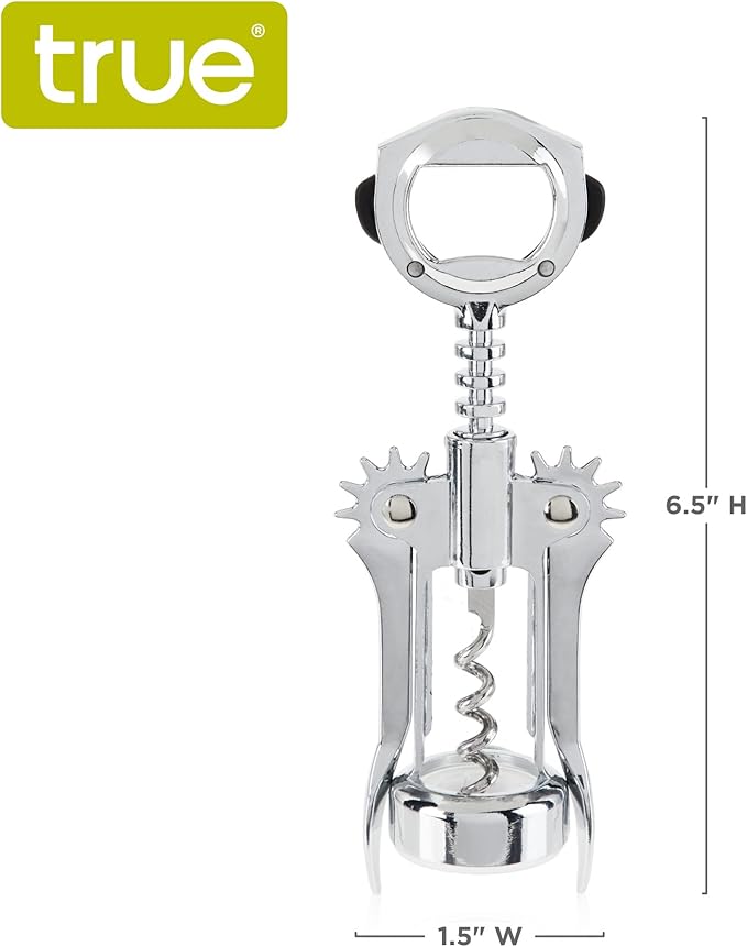 True Winged Corkscrew Wine Opener Manual, Heavy Duty Stainless Steel with Chrome Finish Cork Openers, Home Bar Accessories, Bar Tools, Set of 1 Silver