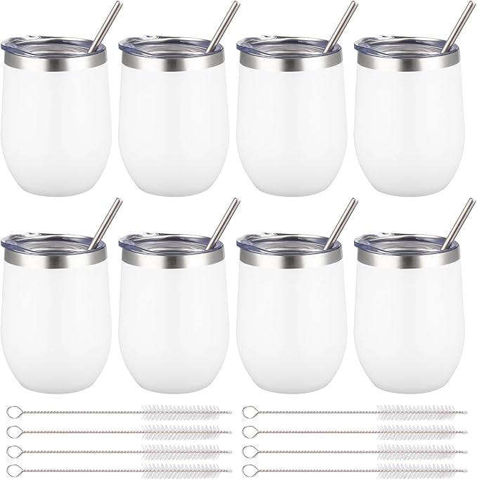 12 oz Insulated Wine Tumbler with Lid and Straw,Stainless Steel Stemless Wine Tumbler Glasses Double Wall Vacuum Wine Cups Tumbler Bulk for Coffee,Champaign,Cocktail (White,8)