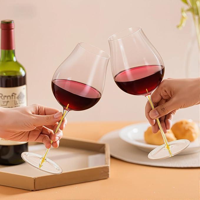 KAMMAK Wine Glasses Set of 2, 24.35 oz Hand Blown Crystal Bordeaux Wine Glasses, Thin Rim & Long Stem, Perfect for Red & White, Daily Use, Wedding or Birthday Gift with Gift Box, Burgundy Yellow