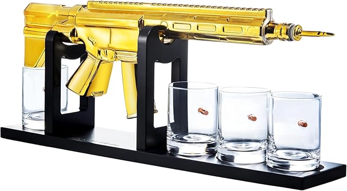 AR15 Gold Whiskey Decanter Set with 4 Bullet Glasses - The Wine Savant, Gift for Dad, Uncle, Son - Veteran, Military, or Home Bar Gift - Unique Whiskey Gift for Men, Father’s Day or Winter