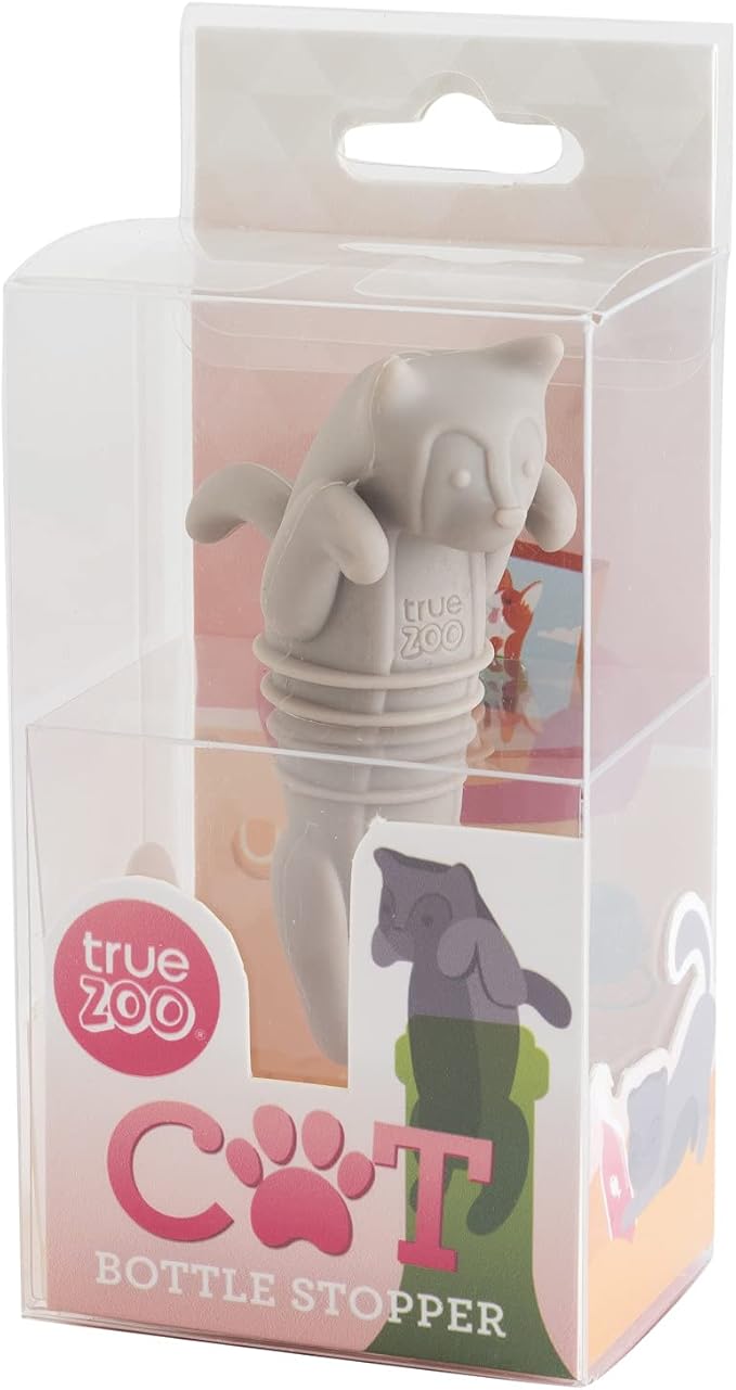 TrueZoo Cat Bottle Stopper, Cat Animal Cork, Novelty Wine Stopper, Silicone, Set of 1, Grey