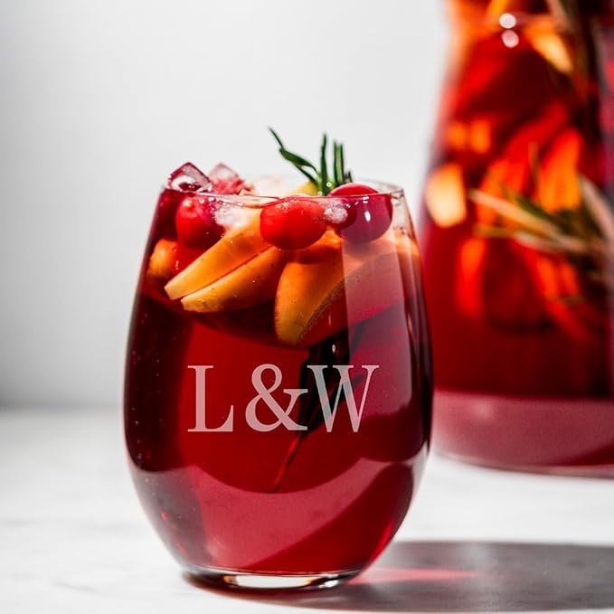 HomeWetBar Engraved Wine Decanter Set With Stemless Wine Glasses - Personalized Wine Carafe Set