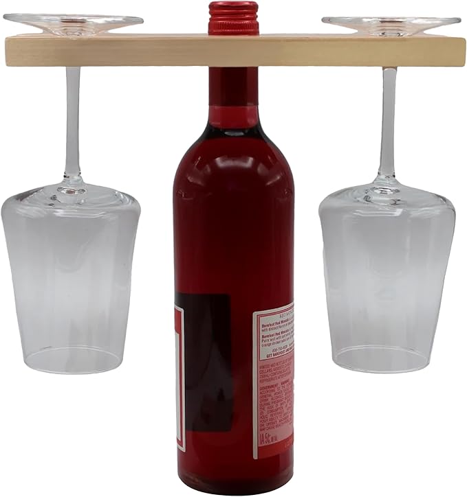 SlidingSusan Wine & Glass Holder - Countertop or Shelf Storage Rack for 2 Glasses & Bottle, Decorative Holiday or Housewarming Gift, Solid Maplewood, 10 Inch x 3.5 Inch