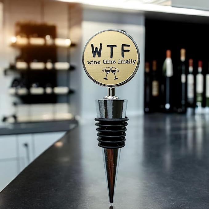 Jazzy Jade Designs Funny Wine Stopper - “Wine Time Finally!” Laser Engraved Zinc Alloy & 100% Food-Grade Rubber Bottle Stopper - Cute Wine Gift & Bar Accessory, Made in USA by Small Business