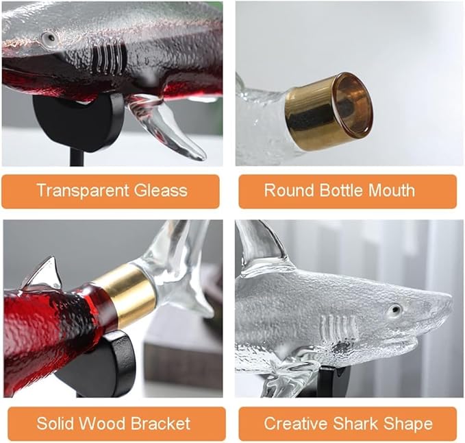 Wine Decanters 1000ml Sharks Whiskey Decanter Set with 4 Glasses & Wood Stand Glass Liquor Decanter For Whiskey, Scotch, Bourbon Vodka (Decanter Set)