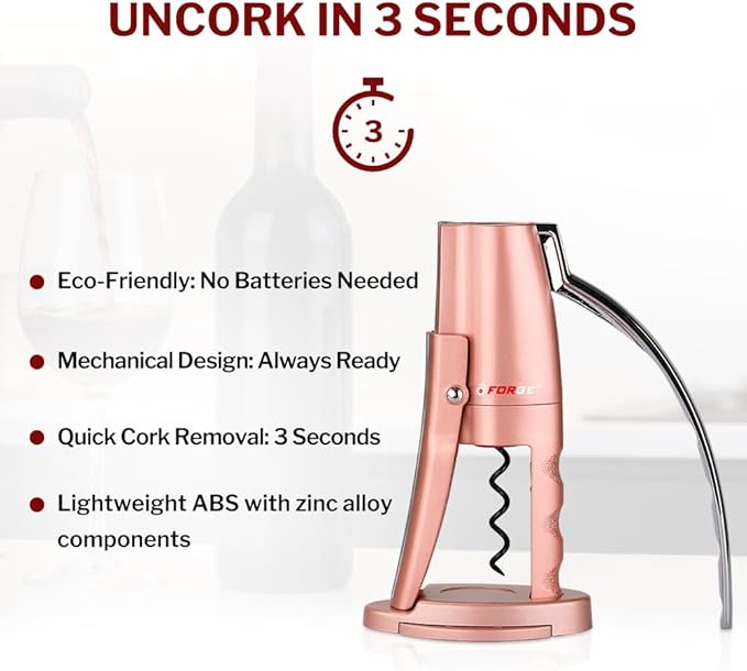 Forge Quality Compact Vertical Lever Corkscrew Wine Opener with Foil Cutter. 3 Seconds to Open a Bottle of Wine. Pink.