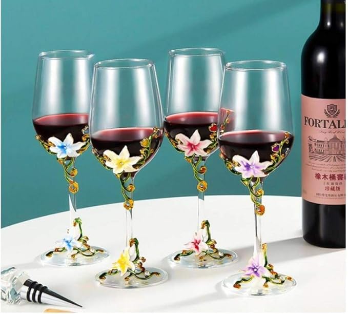 Simcat Handmade Painted Enamel Flower Glass Wine Glasses Transparent Refined Goblet, Stem For Cabernet, Gifts (Double yellow gift box,2 Gift Box)