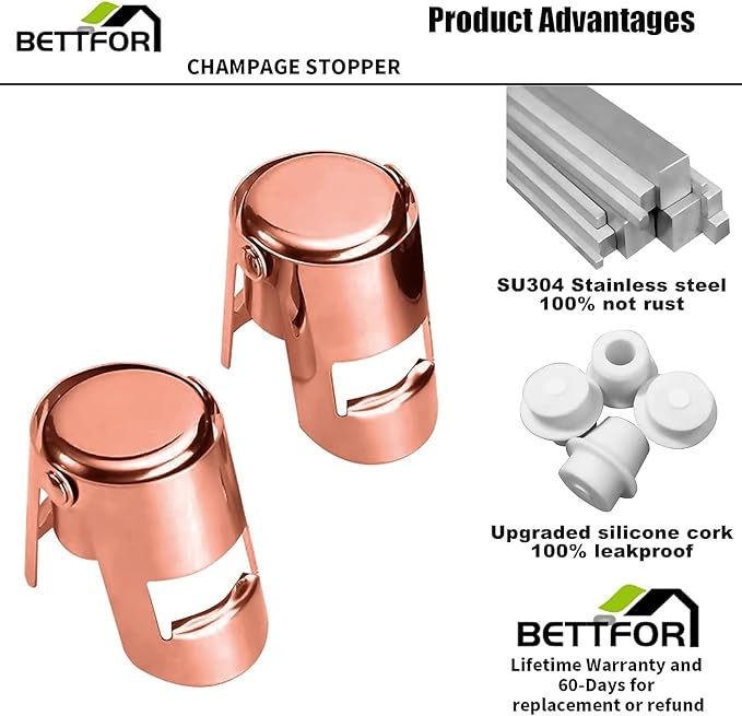 Champagne Stoppers with Stainless Steel Champagne Saver with Food Grade Silicone Leak proof Keep Fresh Suitable for Champagne, Cava, Prosecco and Sparkling(RoseGold, 1 Pack)