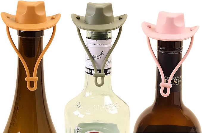 Silicone Wine Stoppers, Cowboy Hat Wine Bottle Stopper Sealer, Keeps Fresh for 15 Days, Home Decoration and Winer's Gifts (4, Coffee+Red+Light Brown+Green)