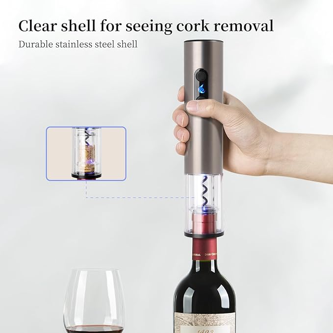 Battery Operated Electric Wine Opener by ELMWAY - Stainless Steel Electric Corkscrew with LED Light & Foil Cutter, Simple Push-Button Operation for Wine Lover (Black, 4 x AA Not Included)