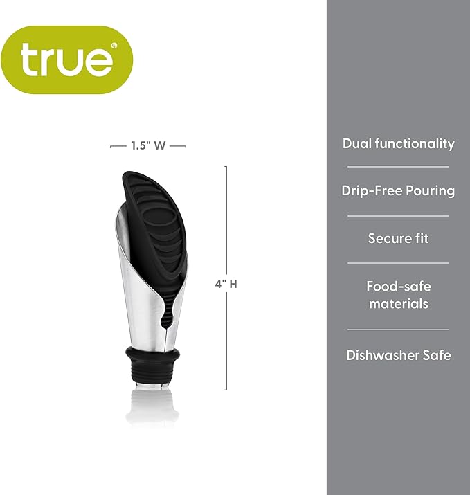 TRUE Duo Wine Pourer and Stopper, Bottle Sealer, Drip Free Pourer, Wine Cork Spout, 2-Piece Design, Silicone and Stainless Steel