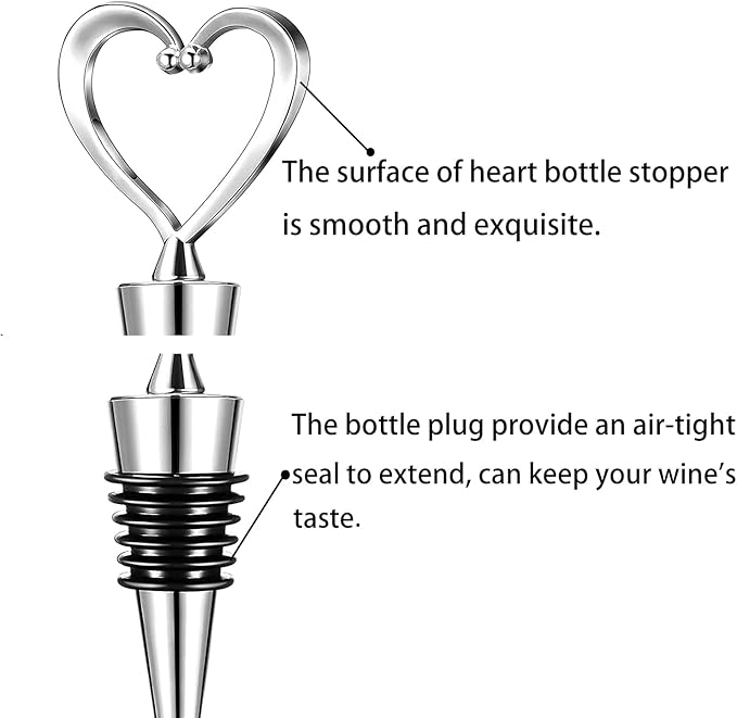4 Pcs Silver Stainless Steel Love Design Wine Bottle Stoppers, Heart Shape Wine and Beverage Bottle Stoppers for Guests