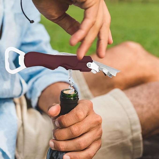 Stainless Steel Wine Key with Foil Cutter:Waiters Corkscrew Opener Beer Bottle Opener (Wine Red)