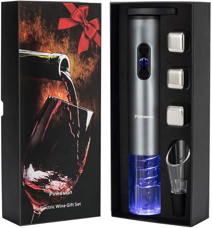 Wine Opener Electric Gift Set, Whiskey Stone Wine Lover Gifts with Wine Accessories of Automatic Corkscrew, Metal Ice Cube, Wine Pourer, Foil Cutter 4-in-1 set