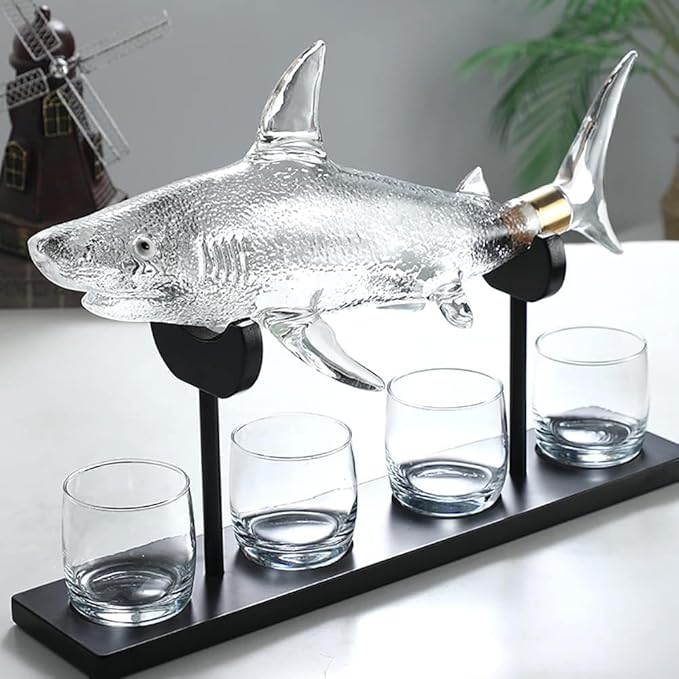 Wine Decanters 1000ml Sharks Whiskey Decanter Set with 4 Glasses & Wood Stand Glass Liquor Decanter For Whiskey, Scotch, Bourbon Vodka (Decanter Set)