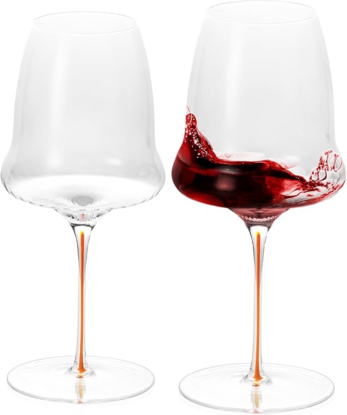 KAMMAK Wine Glasses Set of 2, 24.69 oz Hand Blown Crystal Bordeaux Wine Glasses, Thin Rim & Long Stem, Perfect for Red & White, Daily Use, Wedding or Birthday Gift with Gift Box, Clouds Orange