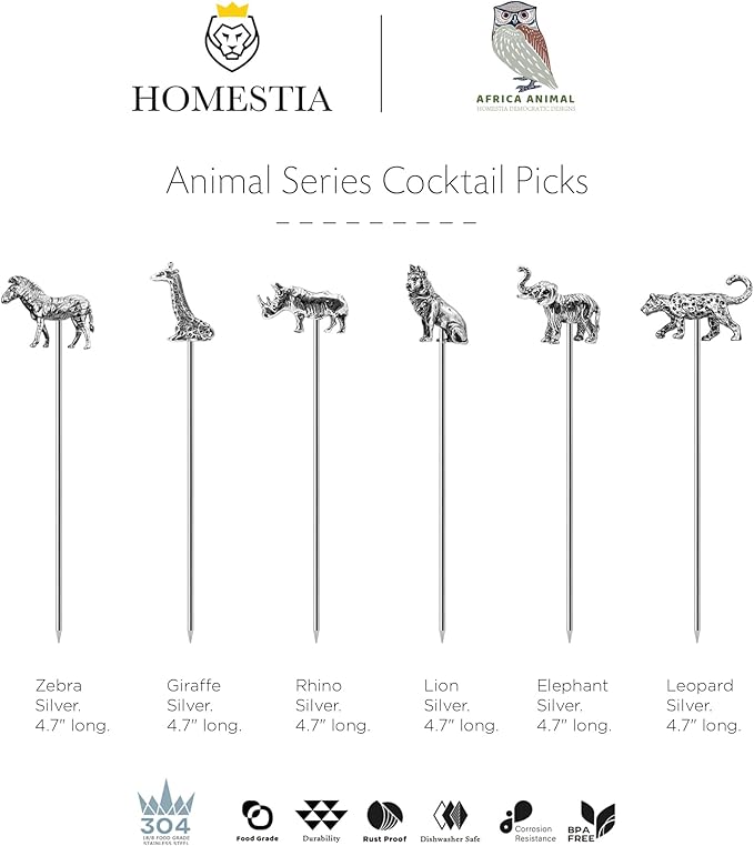 Homestia Metal Cocktail Picks for Drinks, 4.7" Animal Series Cocktail Toothpicks Cocktail Garnish Cocktail Skewers Swords, 6Pcs Fancy Martini Picks Olive Picks, Vintage Cocktail Pins Accessories