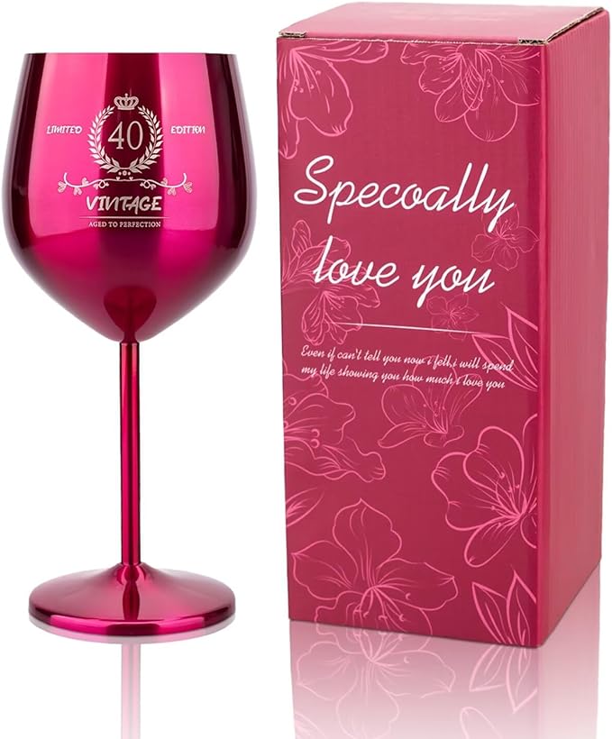 40th Birthday Gifts Wine Glass for Her Women, Stainless Steel Metal Unbreakable Decoration Glasses Rose Red Cup 17oz with Vintage Print-Unique 40 Year Old Present for Mom Wife Sister Friend