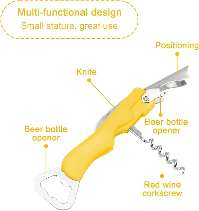 Stainless Steel Wine Key with Foil Cutter:Waiters Corkscrew Opener Beer Bottle Opener (Yellow)