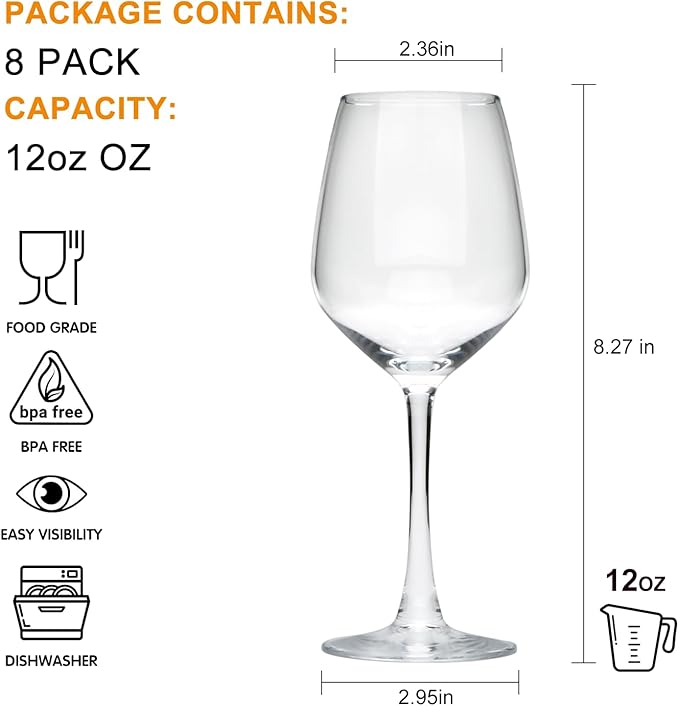 Wine Glasses Set of 8, 12oz Wine Glasses, for Red or White Wine, High-end Banquet, Wedding, Gift Goblets, Party, Bar, Anniversary, Housewarming