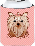 Caroline's Treasures BB1204CC Checkerboard Pink Yorkie Yorkishire Terrier Can or Bottle Hugger Cooler Washable Drink Sleeve Collapsible Beverage Insulated Holder, Can Hugger, Multicolor