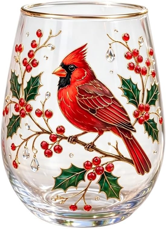 2026 Garden Hummingbird Morning Bliss Glass Tea Cup, Elegant Gold Rimmed Glassware with 14 Oz, Clear Cup for Loose Leaf, Nature Art Decorative Tumbler Gift for Women Mom Wife(Cardinal)