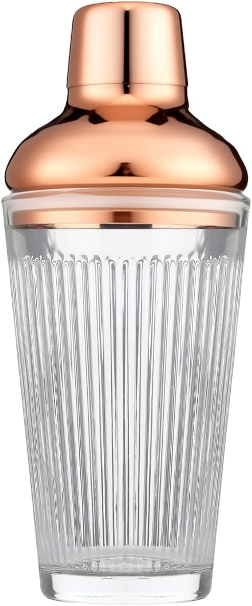 Glass Cocktail Shaker, 17oz Leak-Proof Martini Shaker with Built-in Strainer, Thick Ribbed Drink Shaker Bar Tool for Home Bartending and Aesthetics, Rose Gold