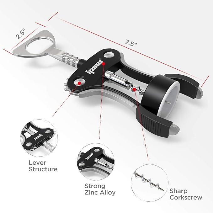 IPOW Wine Opener, Zinc Alloy Wine Bottle Opener, Wing Corkscrew Heavy Duty, Manual Multifunctional Cork Screw for Waiter, Black