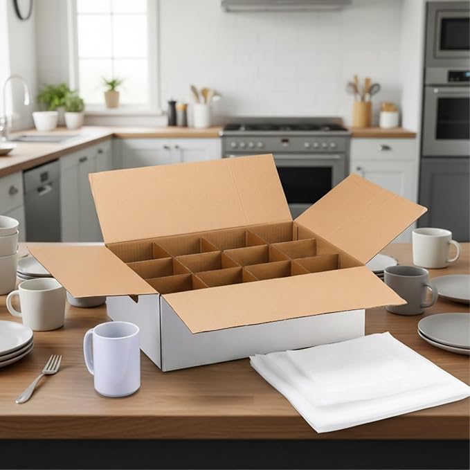 MotiMind 2 Sets Mug Moving Boxes with Divider Kits 17 x 13 x 6 Inches Mug Packing Shipping Box Kitchen Moving Boxes Storage Carrier with 18 Pcs Foam Pouches and Handles for Glasses Cup Wine Packing