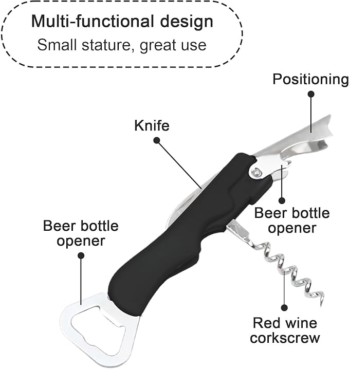 Stainless Steel Wine Key with Foil Cutter:Waiters Corkscrew Opener Beer Bottle Opener (Black)