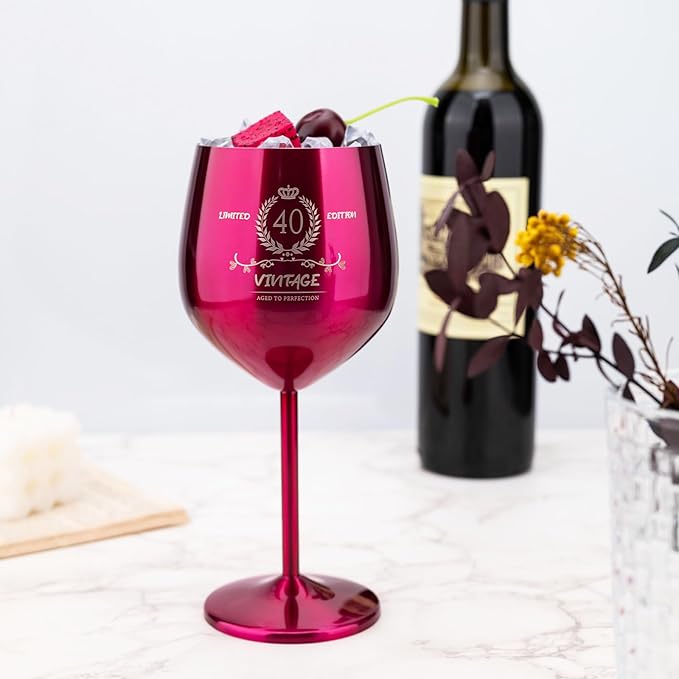 40th Birthday Gifts Wine Glass for Her Women, Stainless Steel Metal Unbreakable Decoration Glasses Rose Red Cup 17oz with Vintage Print-Unique 40 Year Old Present for Mom Wife Sister Friend