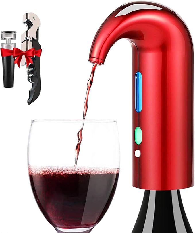 Electric Wine Aerator Dispenser - Portable Premium Opener Accessory for Red & White Wines - Touch Activated Aeration for Spirits - Spout Pourer - Beginner and Enthusiast Gift (RED)