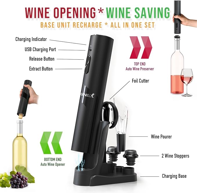 6‑in‑1 Electric Wine Opener with Charging Base — Auto Corkscrew Bottom + Automatic Wine Saver Top | Perfect Wine Gift & Ideal Father’s Day Gifts