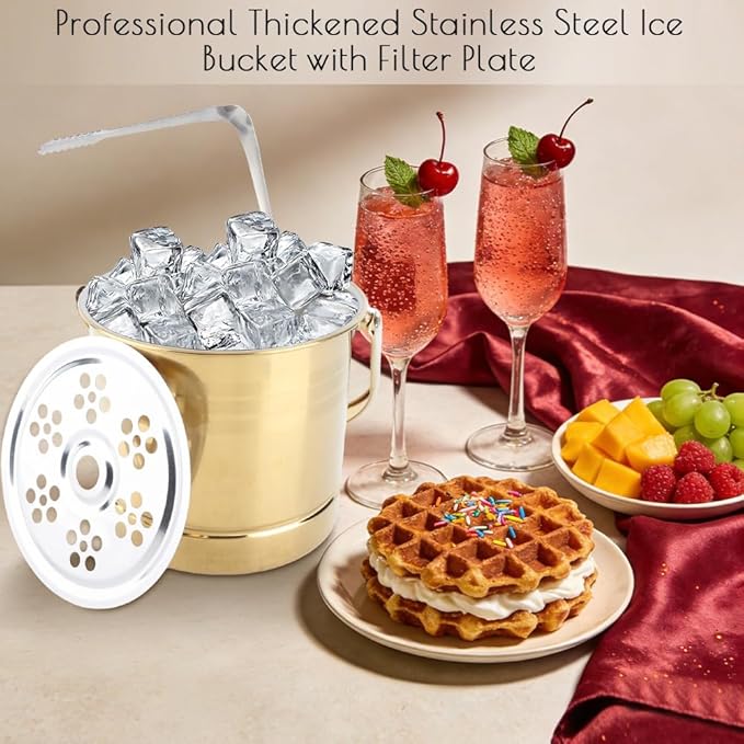 1L Ice Bucket, Metal Double Wall Ice Bucket with Filter Plate and Carrying Handle Stainless Steel Insulated Ice Bucket Golden for Cocktail Bar Wine Parties Champagne Bucket(14x13.8x12.5cm)
