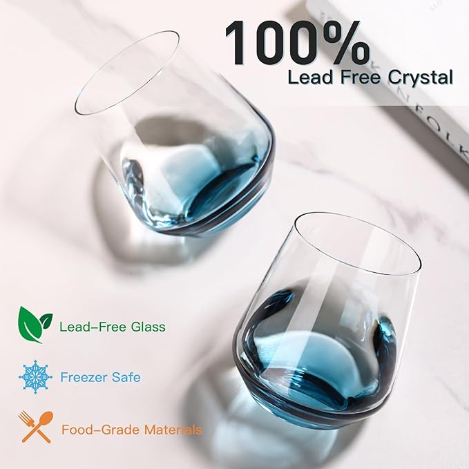 JOVGANK Blue Stemless Wine Glasses Set of 6 - Hand Blown White Red Stemless Wine Glass - 17 oz, [Lead-Free Crystal Glass] Large Short Glass Tumblers, Housewarming Gifts and Mother's Day Gift