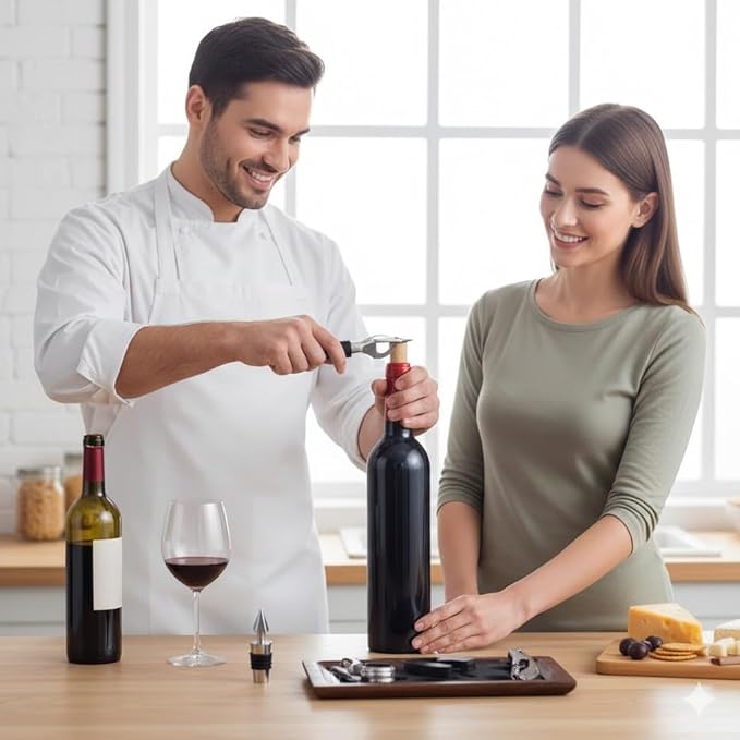 Luxury Wine Accessory & Gift Set - Corkscrew, Stopper, Pourer, and Games! (Wine Opener - Black and Red Glossy Bottle Case)