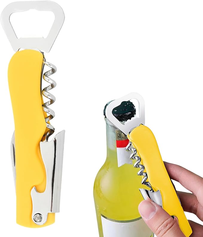 Stainless Steel Wine Key with Foil Cutter:Waiters Corkscrew Opener Beer Bottle Opener (Yellow)